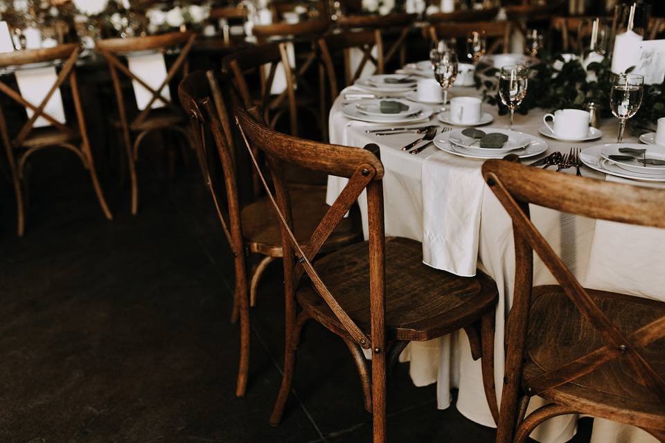 Farm Tables with Ivory Linens