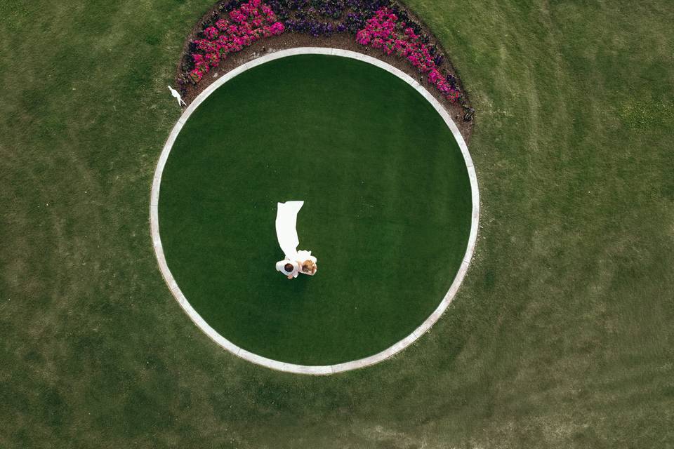 Bride and groom drone shot