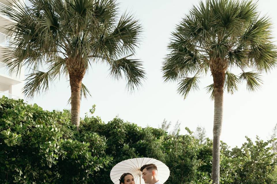 Bride and groom parasol