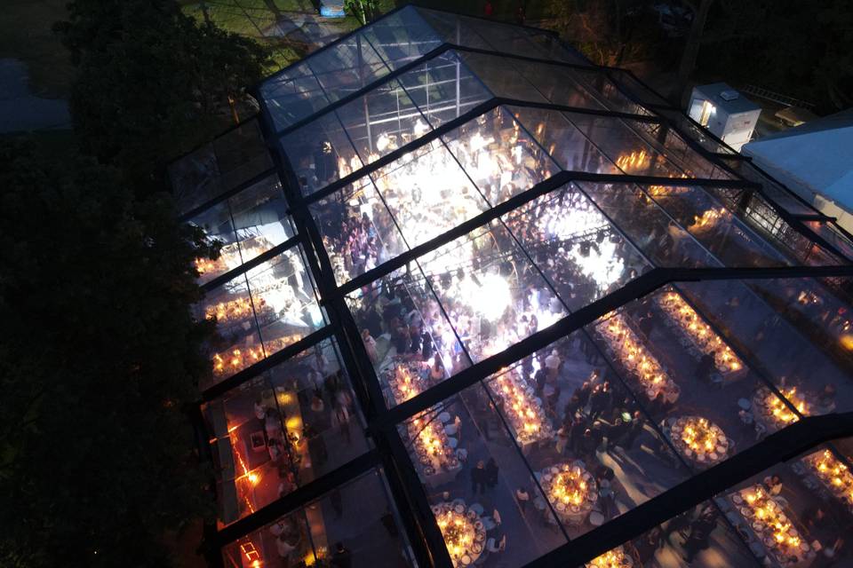 Greenhouse at night drone shot