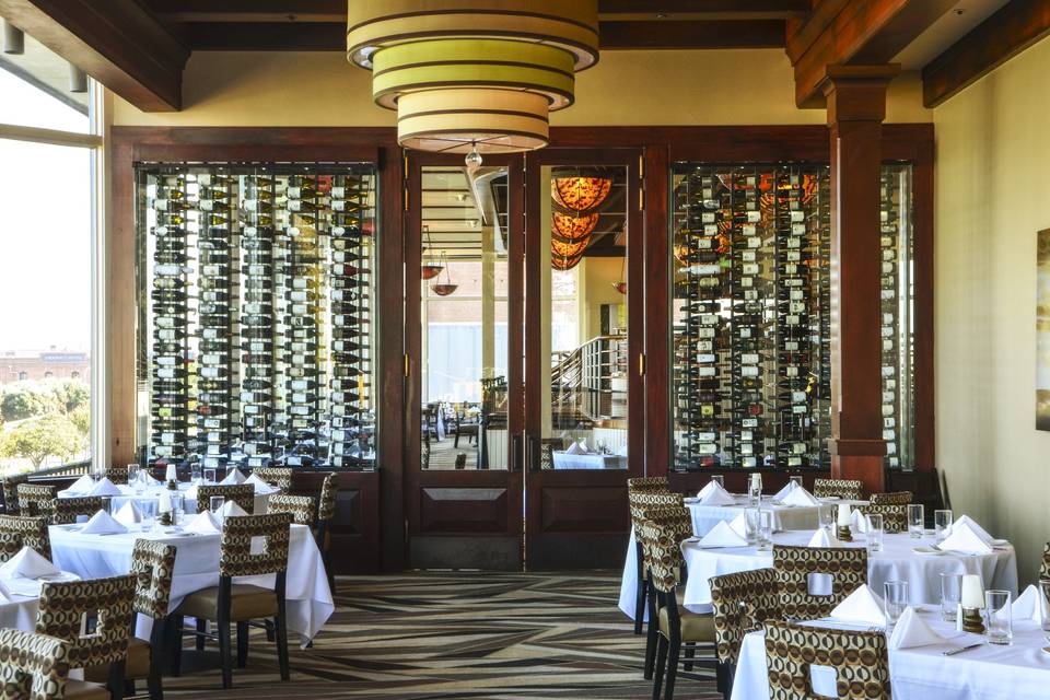 The beautiful wine case separate the Main Dining Room area and the Bayview Room.