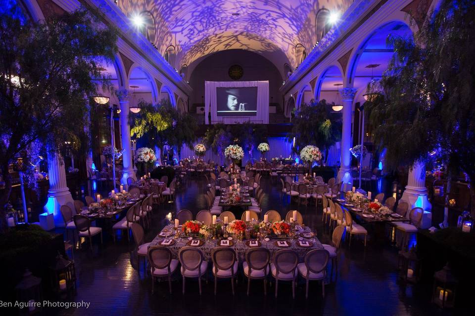 Vibiana LA - we added trees, a video screen, and uplit the ceiling with branch effect lighting.