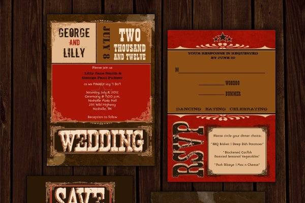 Yeehaw! You are having an old school Johnny Cash style western wedding and now all you need is the perfect stationery to match! Get those dancing boots ready with this stylish wedding collection. Change the wording - make it your own! Adjust the font style and color to your liking. Choose our basic smooth, vibrant, matte 110lb cover weight paper or upgrade to one of our several different card stocks. Make it fabulous! Afterall, it's YOUR special day!