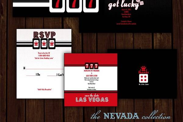 Viva Las Vegas! Roll the dice, baby and have a ball! Change the wording - make it your own! Adjust the font style and color to your liking. Choose our basic smooth, vibrant, matte 110lb cover weight paper or upgrade to one of our several different card stocks. Make it fabulous! Afterall, it's YOUR special day!