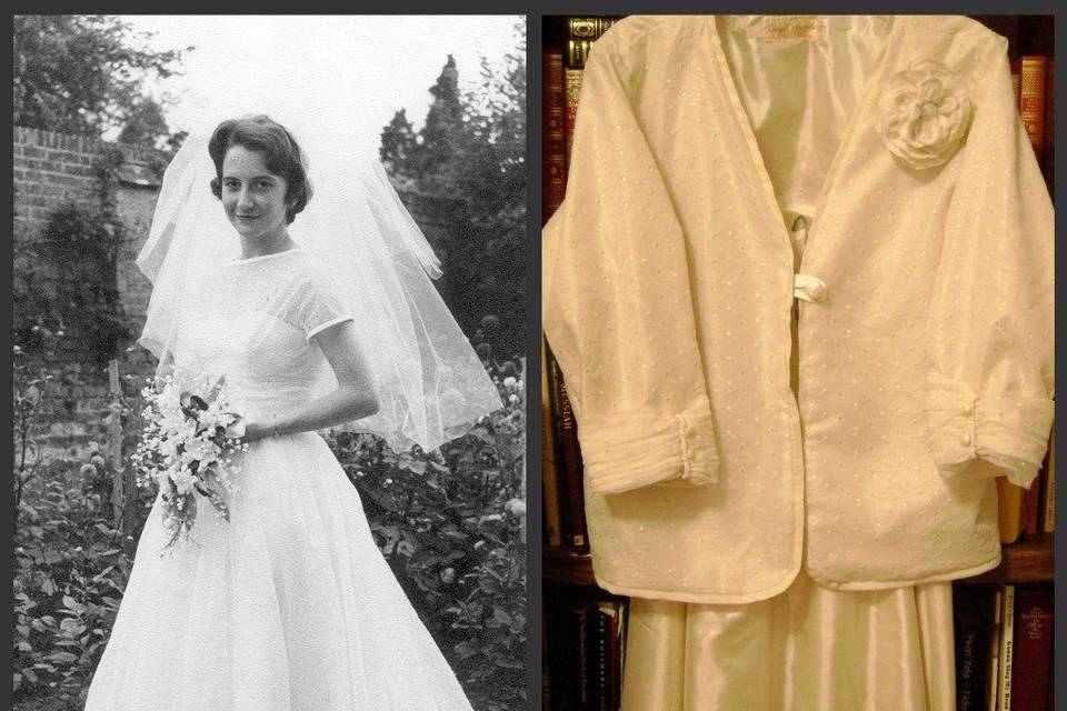 Custom redesign of 50 year old wedding gown into jacket and skirt