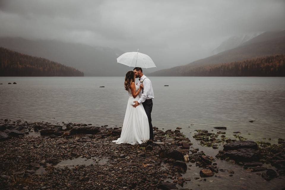 Rainy and romantic wedding portrait