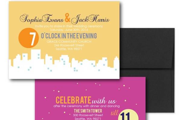 Night and Day Invitation, Pink Wedding Invitations, Yellow Wedding Invitations, City Wedding Invitationswww.thesweetheartshoutout.com