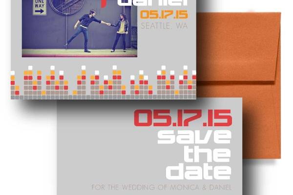 Pump Up the Jam Save the Date, Orange Save the Dates, Grey Save the Dateswww.thesweetheartshoutout.com