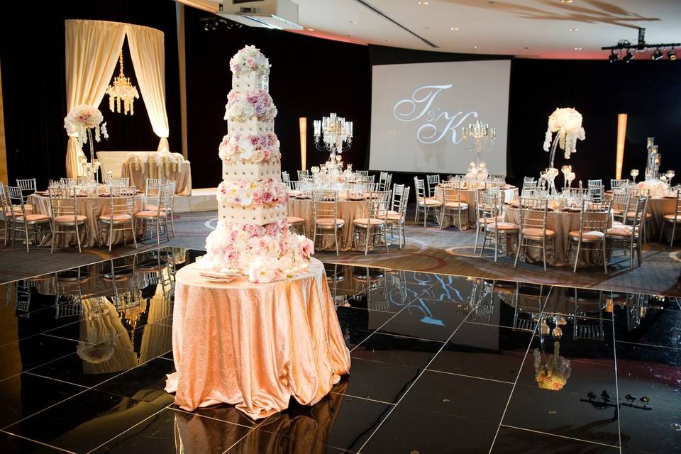 The modern ballroom can easily be transformed into your dream reception space.