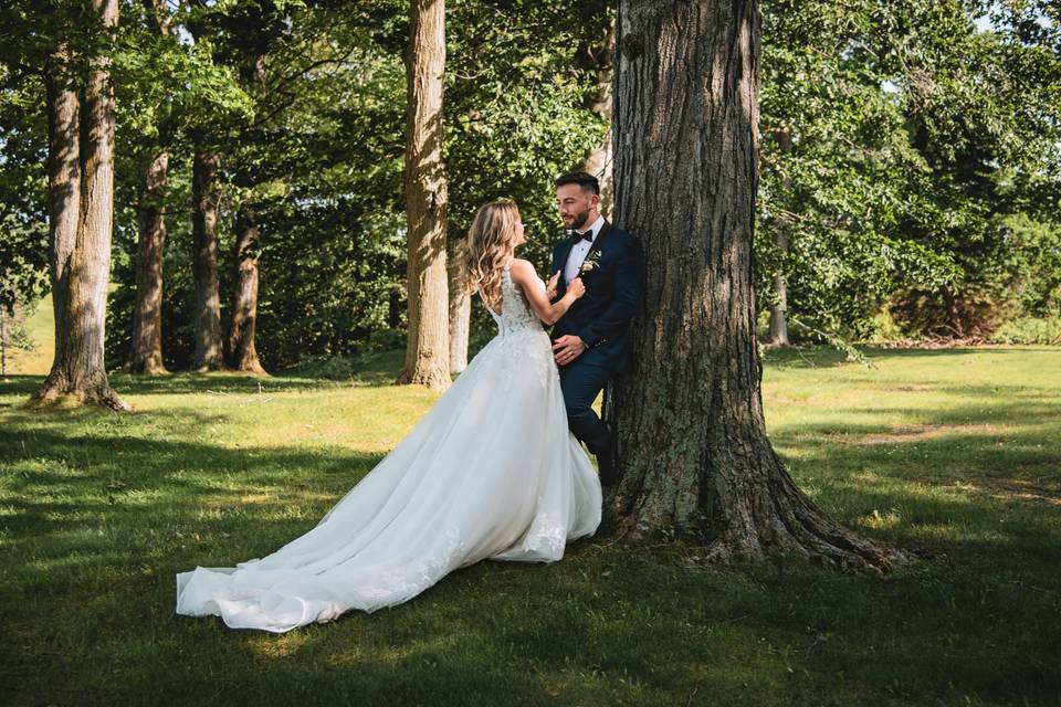 Romantic candid newlyweds