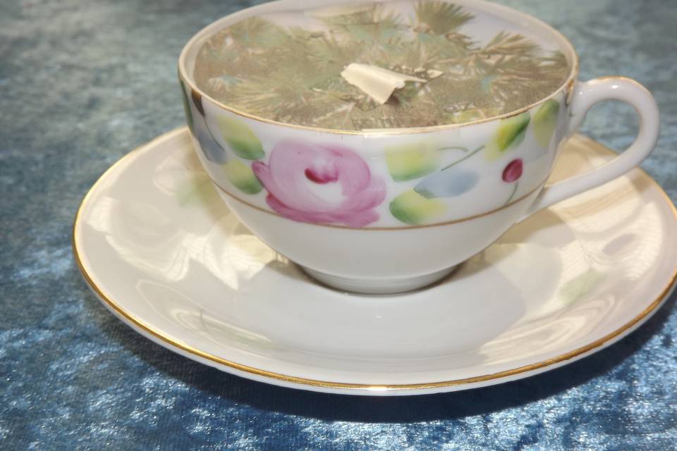 Personalized vintage tea cup candle - cup designs vary, or bring your own and we can create candles in them for you. Top labels can be personalized to your own design or wedding theme.