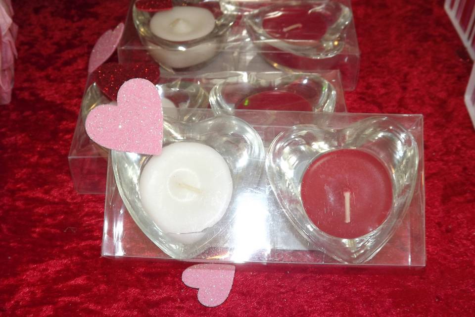 Handmade tea lights in glass holders - heart shaped shown here but ask about our other designs! Shown here, a gift pack of two candles, but also available individually and can be personalized.