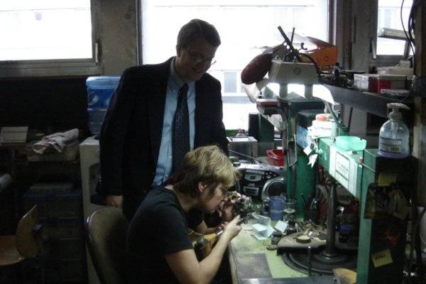 Mike Roberts at Antwerp diamond cutting factory.