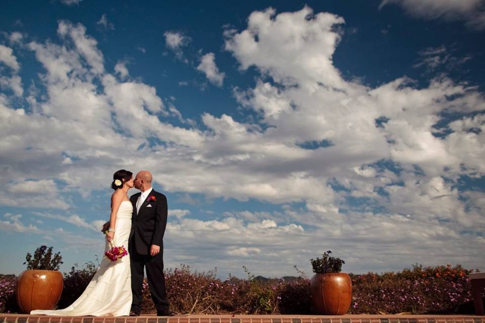 Stacy & Brian poolside under the big Casitas sky.  Photo by Mike Larsen.