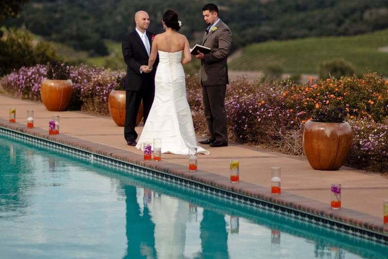 Poolside ceremony overlooking the Arroyo Grande Valley.  Photo by Mike Larsen.