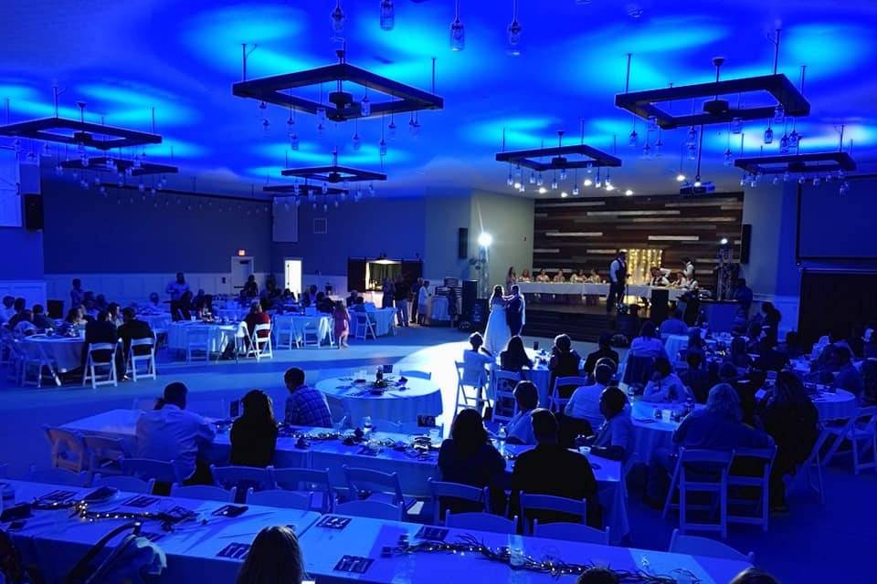 Blue lighting in the banquet hall