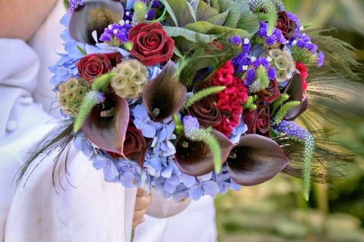 Peacock feathers and jewel tone inspired wedding in the Redwoods of California.