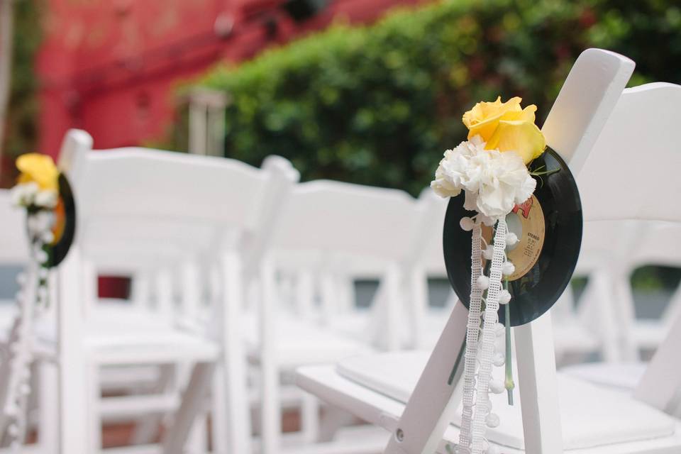 Aisle markers made with vinyl records.