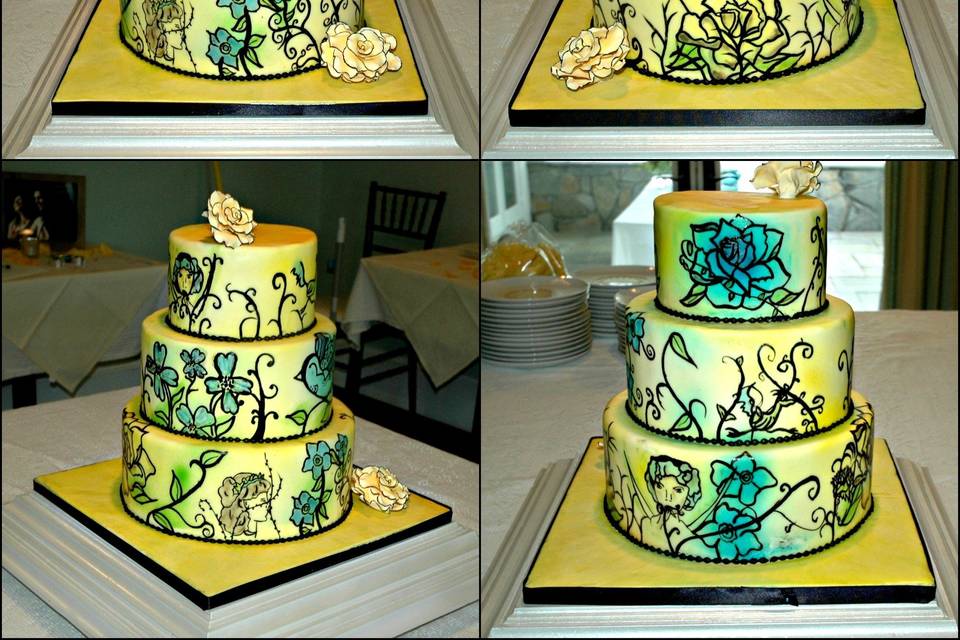 Tattoo design wedding cake, incorporating the Groom's tattoos as well as the Bride's favorite images.