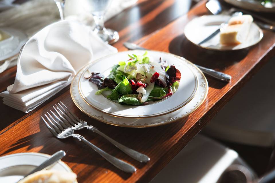 Mixed greens with poached pear