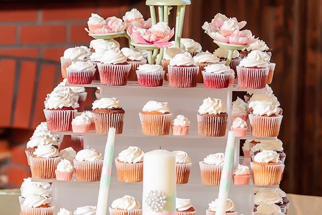 Wedding cake and cupcakes