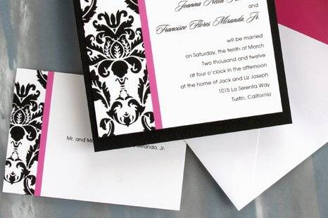 Victoria Wedding Invitations
AV1207
An elegant damask border accents the left side of this single panel invitation. The border is then accented with colorful vertical stripe. A heavyweight Black backer completes the look.
Available in Multiple Colors
http://www.theamericanwedding.com/shopping/prod_detail/main.asp?pid=7230