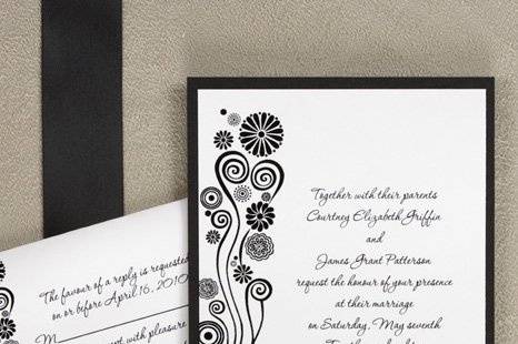 Modern Swirled Hearts Wedding Invitations
AV1222
The look of free form hearts and flowers matches your ink color on this invitation. A black backer enriches the look. Use your creativity to create a one-of-a-kind invitation. Go with the Black and White look, or mix it up with Hot Pink ink with the Black backer, or how about Blue ink?
Available in Multiple Colors
http://www.theamericanwedding.com/shopping/prod_detail/main.asp?pid=7184