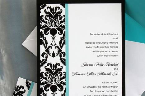 Victoria Wedding Invitations
AV1407
An elegant damask border accents the left side of this single panel invitation. The border is then accented with colorful vertical stripe. A heavyweight Black backer completes the look.
Available in Multiple Colors
http://www.theamericanwedding.com/shopping/prod_detail/main.asp?pid=7230