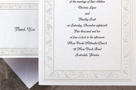 Forever Love Wedding Invitations
AV135
A pearl scroll and leaf border frames your wedding message. This elegant wedding invitation is the perfect choice for a simple yet beautiful look.
http://www.theamericanwedding.com/shopping/prod_detail/main.asp?pid=379