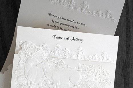 Buck and Doe Wedding Invitations
AV167
For those who enjoy the outdoors, this magnificent fan-fold invitation of deeply embossed White vellum features a die-cut design with the buck and doe.
http://www.theamericanwedding.com/shopping/prod_detail/main.asp?pid=249