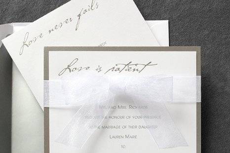 Love is Patient Wedding Invitations
AV797
Favorite words from scripture frame your words of invitation. An elegant Silver framed backer adds a touch of elegance.
http://www.theamericanwedding.com/shopping/prod_detail/main.asp-pid-5456