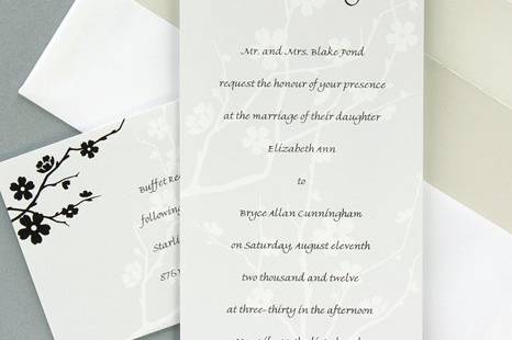 Sophisticated Flair Wedding Invitations
AV1393
Soft gray overprint on this White vellum heavyweight card shows off the White floral background. A Black foil floral design forms a frame for your first names.
http://www.theamericanwedding.com/shopping/prod_detail/main.asp-pid-7792