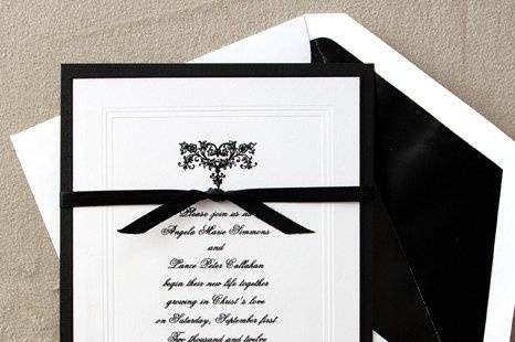 Renaissance Wedding Invitations
AV1311
This multi-layer invitation features a White, triple-bevel, Black hand-bordered card imprinted with your invitation wording and elegant filigree motif in the raised ink color of your choice. Underneath is a backer in your choice of Black or Pink Pearl. A Black ribbon ties it together. Accessory cards feature the motif, triple bevel and Black border.
http://www.theamericanwedding.com/shopping/prod_detail/main.asp-pid-3457