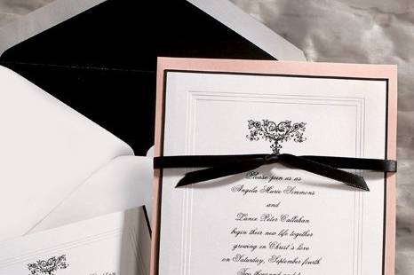 Renaissance Wedding Invitations
AV558
This multi-layer invitation features a White, triple-bevel, Black hand-bordered card imprinted with your invitation wording and elegant filigree motif in the raised ink color of your choice. Underneath is a backer in your choice of Black or Pink Pearl. A Black ribbon ties it together. Accessory cards feature the motif, triple bevel and Black border.
http://www.theamericanwedding.com/shopping/prod_detail/main.asp-pid-3457