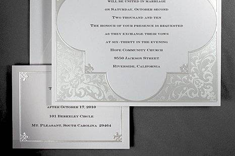 Pearl Palace Wedding Invitations
AV435
A magnificent Pearl filigree frame elegantly surrounds your invitation verse. A delicate border of Pearl edging appears on the accessory cards.
http://www.theamericanwedding.com/shopping/prod_detail/main.asp-pid-2402