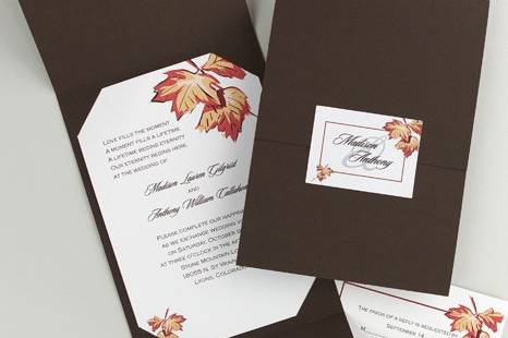 Falling Leaves Wedding Invitations
AV1366
The splendor of autumn is the backdrop for your words of invitation. The card is then tucked into a rich Chocolate Brown wrap and sealed with a label featuring the bride and groom's first names.
http://www.theamericanwedding.com/shopping/prod_detail/main.asp-pid-7567