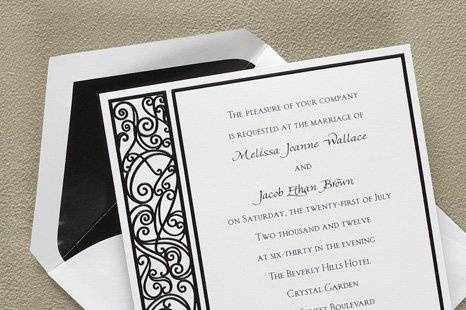 Graceful Black & White Wedding Invitations
AV1210
The fashionable colors of Black and White take new shape on this elegant invitation. Scroll-like embossing in Black foil emphasizes your own words of invitation.
http://www.theamericanwedding.com/shopping/prod_detail/main.asp-pid-7113