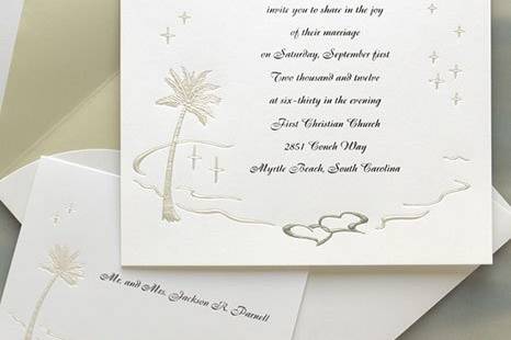 Island Romance Wedding Invitations
AV333
Guests will think of sunny beaches and tropical breezes when they receive this tropical themed invitation. Warm waters wash two embossed silver hearts up onto shore beneath the invitation wording of your choice.
http://www.theamericanwedding.com/shopping/prod_detail/main.asp-pid-2077