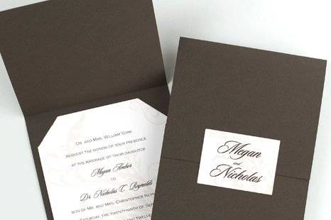 Champagne Wedding Invitations
AV1364
A Champagne-colored background decorated by a flourish design creates an elegant backdrop for your invitation wording. The card is then tucked into a rich Chocolate Brown wrap and sealed with a label featuring the bride and groom's first names.
http://www.theamericanwedding.com/shopping/prod_detail/main.asp-pid-7562