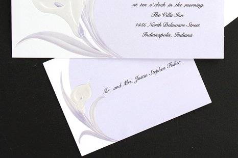 Lilies Wedding Invitations
AV1189
Deeply embossed Pearl calla lilies decorate this single panel card. The curve perfectly sets off your first names on the left side.
http://www.theamericanwedding.com/shopping/prod_detail/main.asp-pid-7783