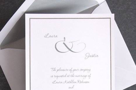 Simple Beauty Wedding Invitations
AV909
Your names are offset by a stylish ampersand on this invitation of simple beauty. A single band of platinum borders your invitation wording.
http://www.theamericanwedding.com/shopping/prod_detail/main.asp-pid-5192
