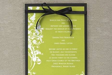 Venetian Romance Wedding Invitations
AV1111
Delicate vines and leaves, reminiscent of Venetian ironwork, adorns this simple, yet elegant invitation. Your invitation wording is printed on your choice of Blue or Green medium-weight cardstock. This card is then attached to a Black backer and ties together with a Black satin ribbon.
http://www.theamericanwedding.com/shopping/prod_detail/main.asp-pid-6610