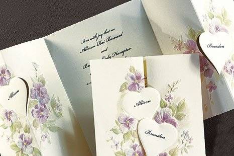 Hearts & Violets Wedding Invitations
AV168
Unique five-panel invitation connects your personalized hearts and decorated with embossed watercolor violets.
http://www.theamericanwedding.com/shopping/prod_detail/main.asp-pid-250