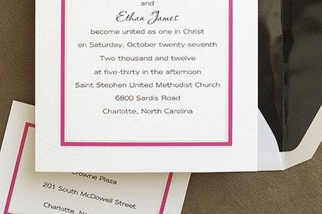 Color Kicked Classics Wedding Invitations
AV1228
These White invitations have been kicked up a notch with color! Your choice of border color is deeply embossed and accented with a pearl border. For a an extra touch, add a lined envelope to accent or match your border choice.
http://www.theamericanwedding.com/shopping/prod_detail/main.asp-pid-7254