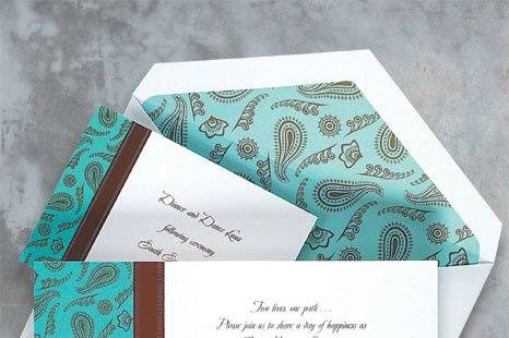 Perfect Paisley Wedding Invitations
AV829
Bordered in Chocolate and Turquoise paisley, this striking invitation tells guests you're not shy about sharing your news or making a fashion statement.
http://www.theamericanwedding.com/shopping/prod_detail/main.asp-pid-5446