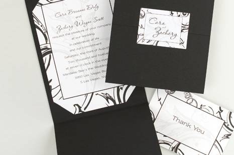 Wrapped in Love Wedding Invitations
AV1365
A Black flourish design creates a dramatic setting for your invitation wording. The card is then tucked into a Black wrap and sealed with a label featuring the bride and groom's first names.
http://www.theamericanwedding.com/shopping/prod_detail/main.asp-pid-7572