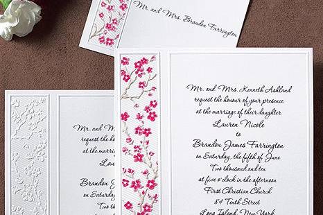 Romantic Dogwood Wedding Invitations
AV882
A branch of Dogwood blossoms graces this timeless invitation. A deeply embossed border frames the design and your invitation wording.
http://www.theamericanwedding.com/shopping/prod_detail/main.asp-pid-5290