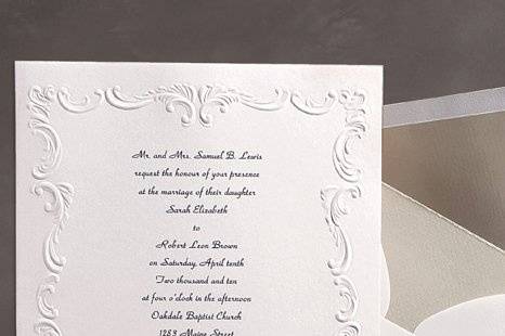 Victorian Elegance Wedding Invitations
AV189
Embossed Victorian scrolls frame your gracious words of welcome on this simple yet elegant wedding invitation.
http://www.theamericanwedding.com/shopping/prod_detail/main.asp-pid-264