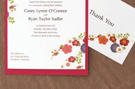 Irresistable Florals Wedding Invitations
AV1208
Colorful flowers in red, orange, purple and cream grace this single panel cute invitation on a red heavyweight backer.
http://www.theamericanwedding.com/shopping/prod_detail/main.asp-pid-7168