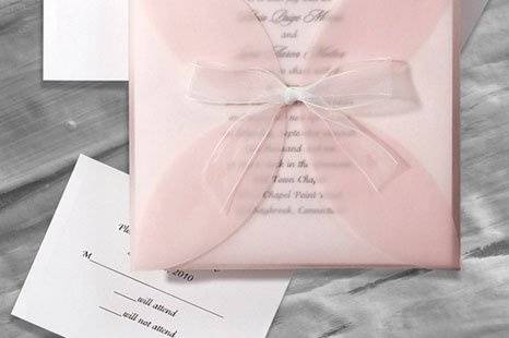 Sheer Style Wedding Invitations
AV323
A beautiful and stylish invitation unmatched by any other is wrapped with a sheet of sheer pink translucent vellum.
http://www.theamericanwedding.com/shopping/prod_detail/main.asp-pid-2100